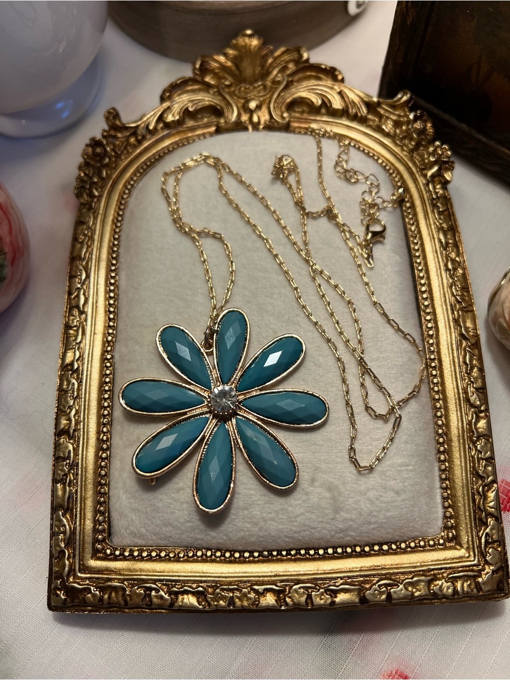 Gold-Tone Teal Petal Flower Pendant Necklace